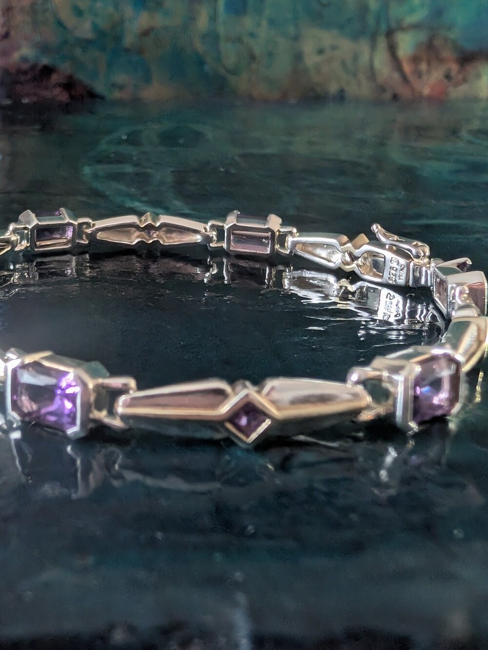 Art Deco Style Sterling Silver Amethyst Tennis Bracelet With Gold Accents - Picture 7 of 16